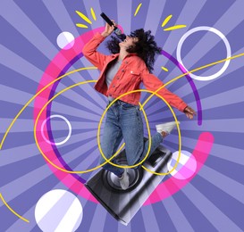 Creative collage for performance poster with woman singing and jumping on bright background