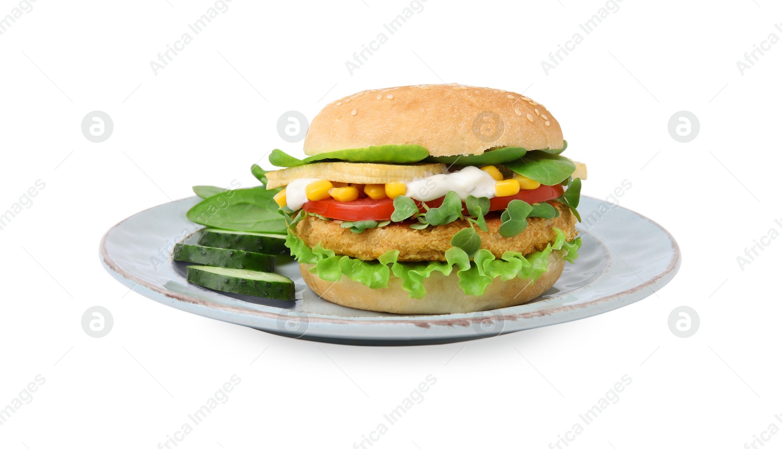 Photo of Tasty vegan burger with vegetables, patty and microgreens isolated on white