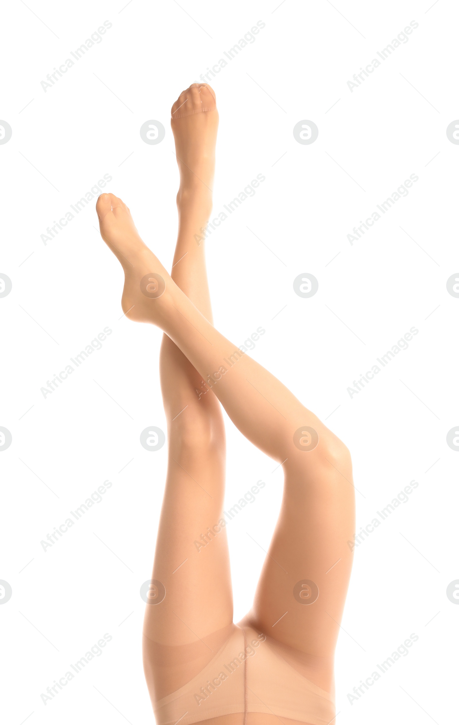 Photo of Woman wearing tights isolated on white, closeup of legs