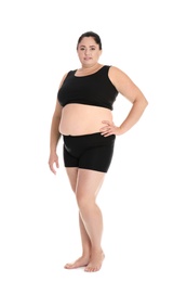 Full length portrait of fat woman on white background. Weight loss