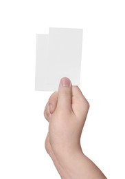 Photo of Woman holding paper cards on white background, closeup. Mockup for design