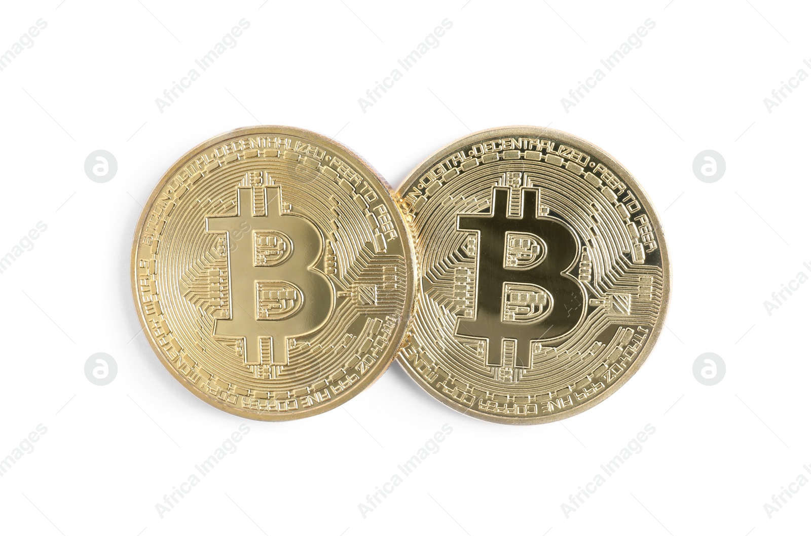 Photo of Bitcoins isolated on white, top view. Digital currency