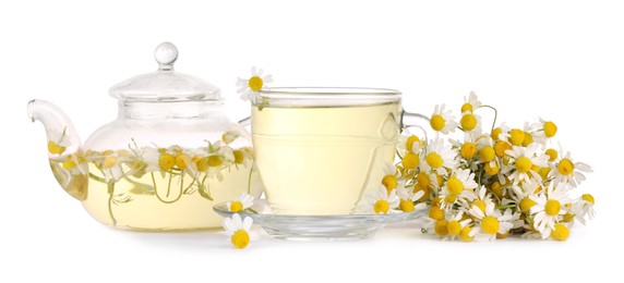 Photo of Aromatic herbal tea with chamomile flowers isolated on white