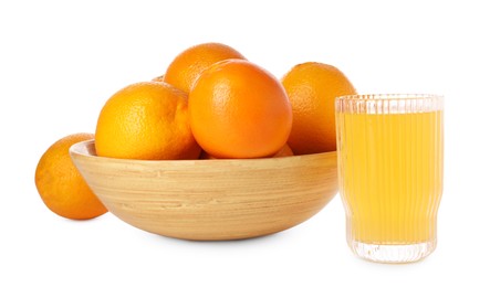 Fresh oranges in bowl and glass of juice isolated on white
