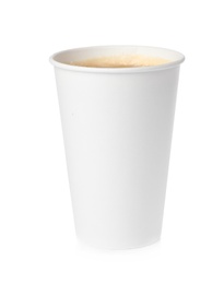 Photo of Hot coffee in takeaway paper cup isolated on white