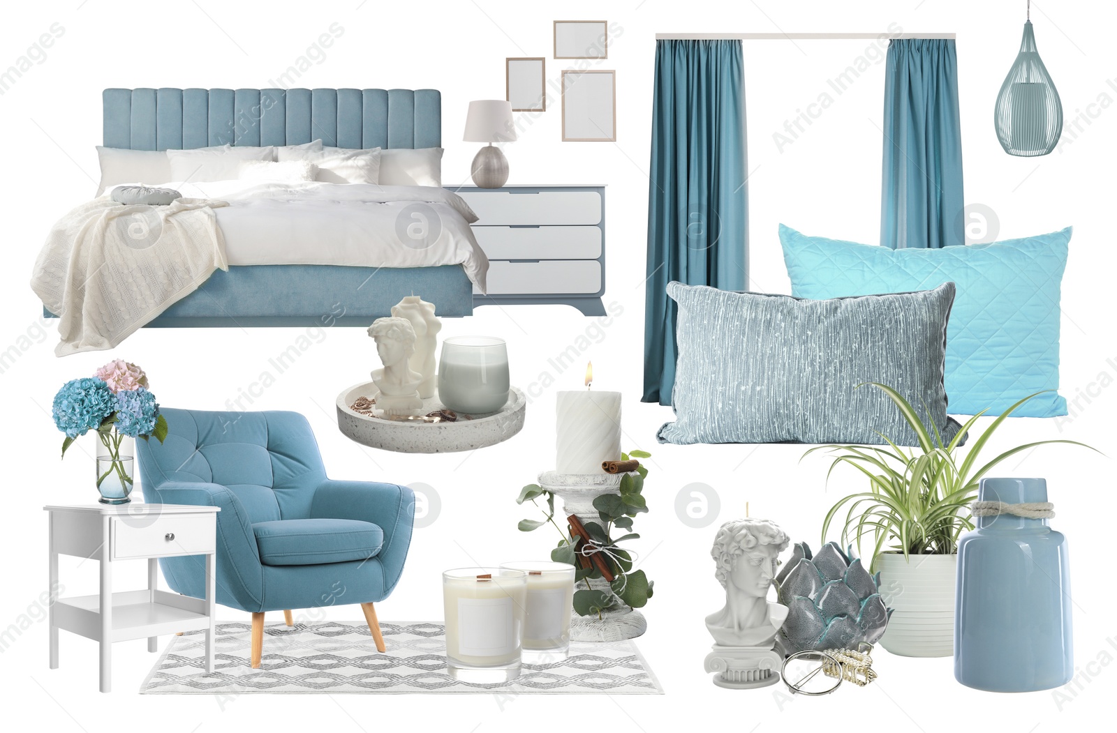 Image of Stylish bedroom interior with different decorative elements and furniture on white background. Mood board collage