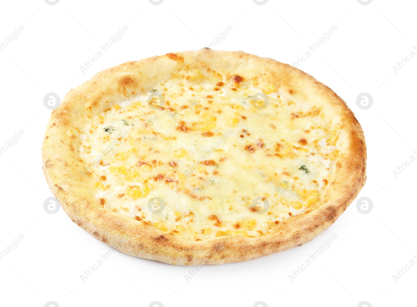 Photo of One delicious cheese pizza isolated on white