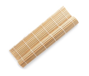 Photo of Rolled sushi mat made of bamboo on white background, top view