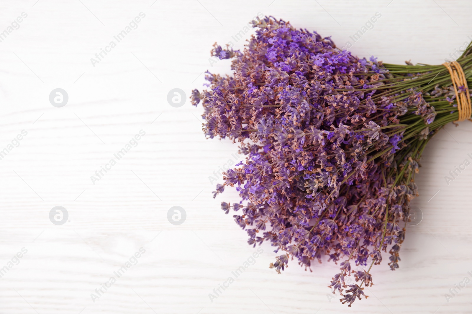 Photo of Lavender flowers on light background, top view