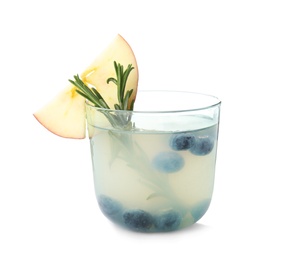 Photo of Glass of refreshing blueberry cocktail with rosemary on white background