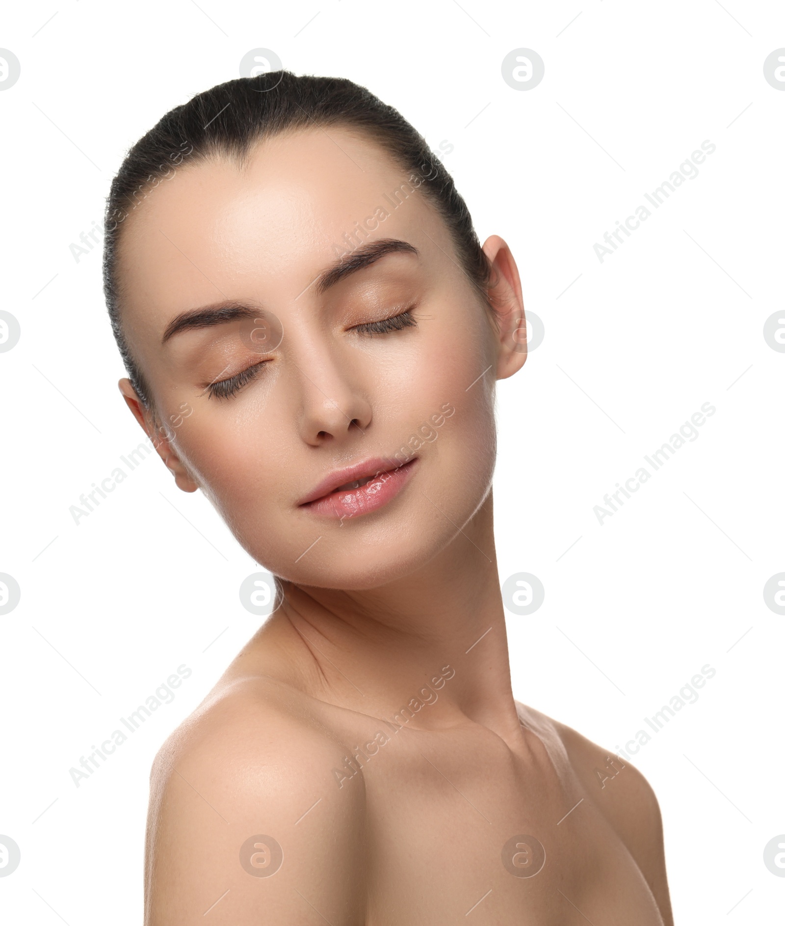 Photo of Portrait of beautiful young woman on white background