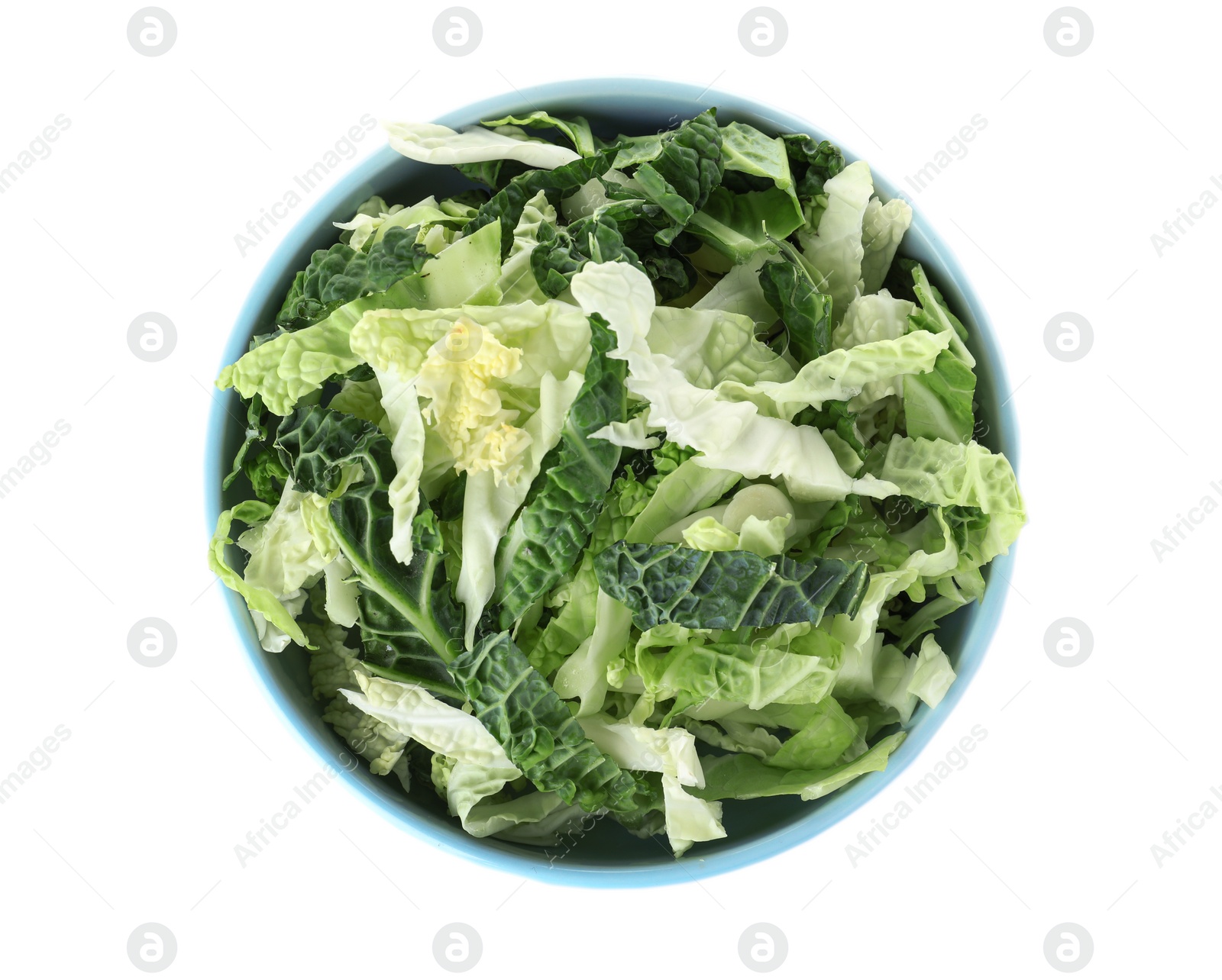 Photo of Chopped fresh green savoy cabbage in bowl on white background, top view