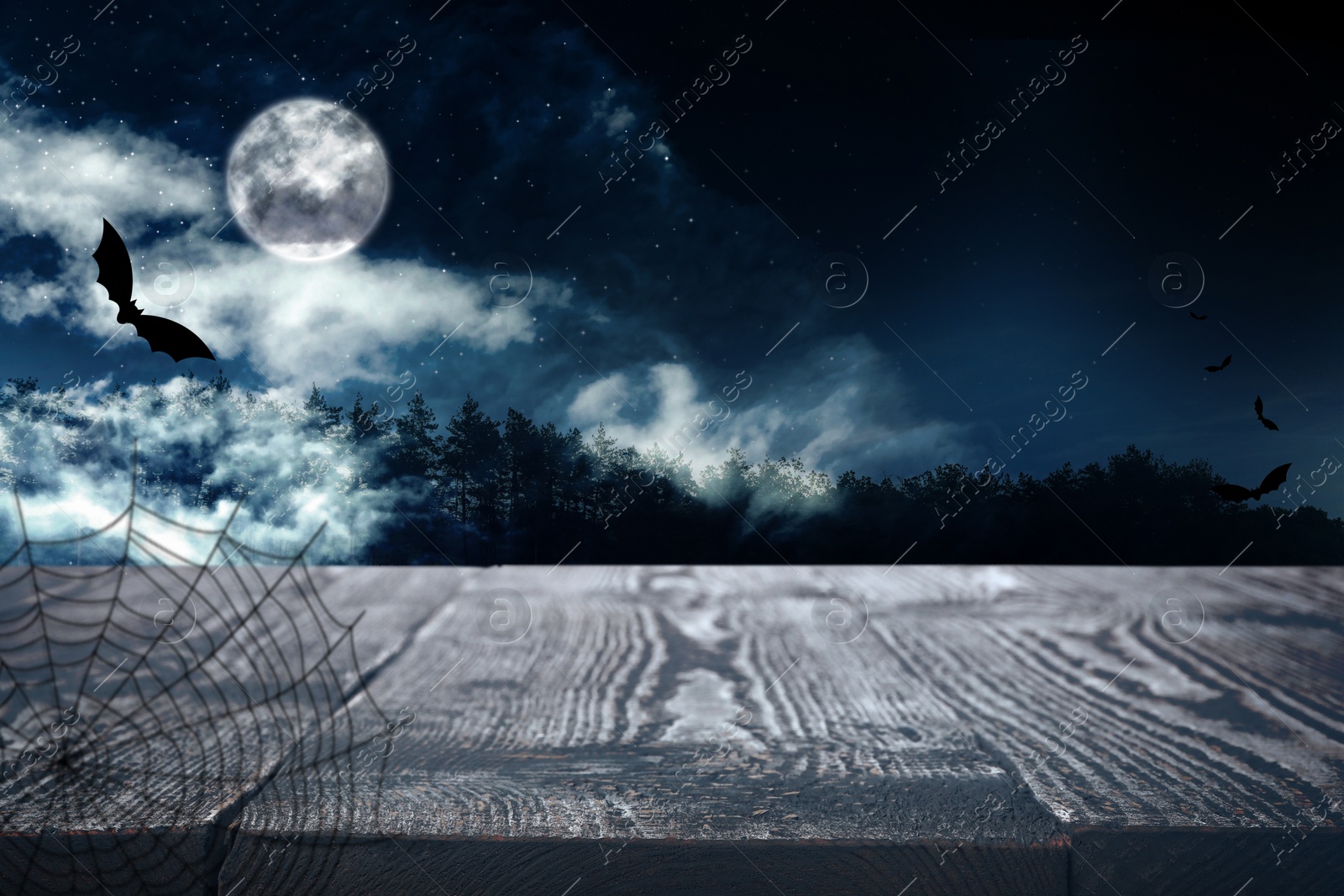 Image of Wooden surface and bats flying in night sky with full moon. Halloween illustration