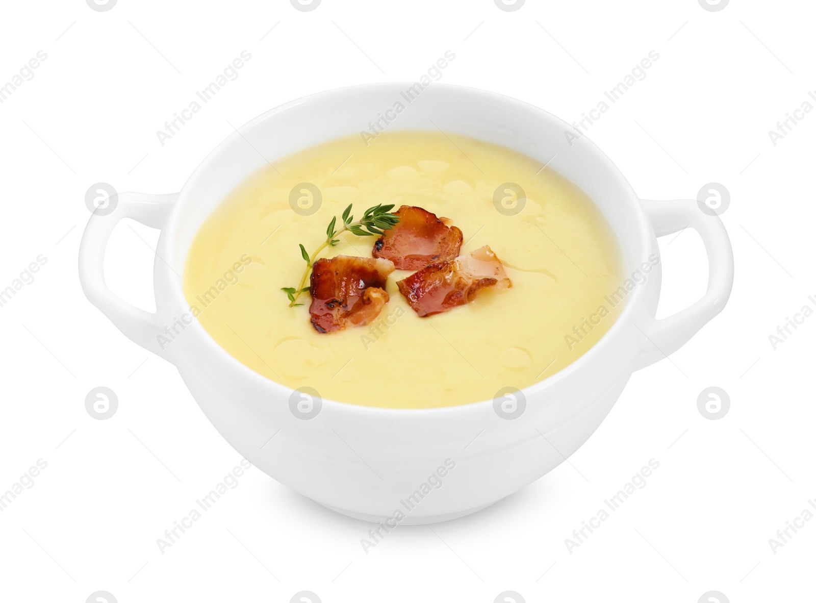 Photo of Tasty potato soup with bacon and rosemary in bowl isolated on white