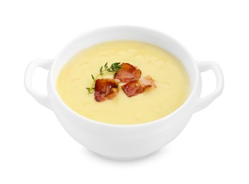 Photo of Tasty potato soup with bacon and rosemary in bowl isolated on white