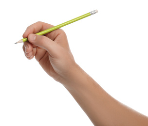 Man holding ordinary pencil on white background, closeup