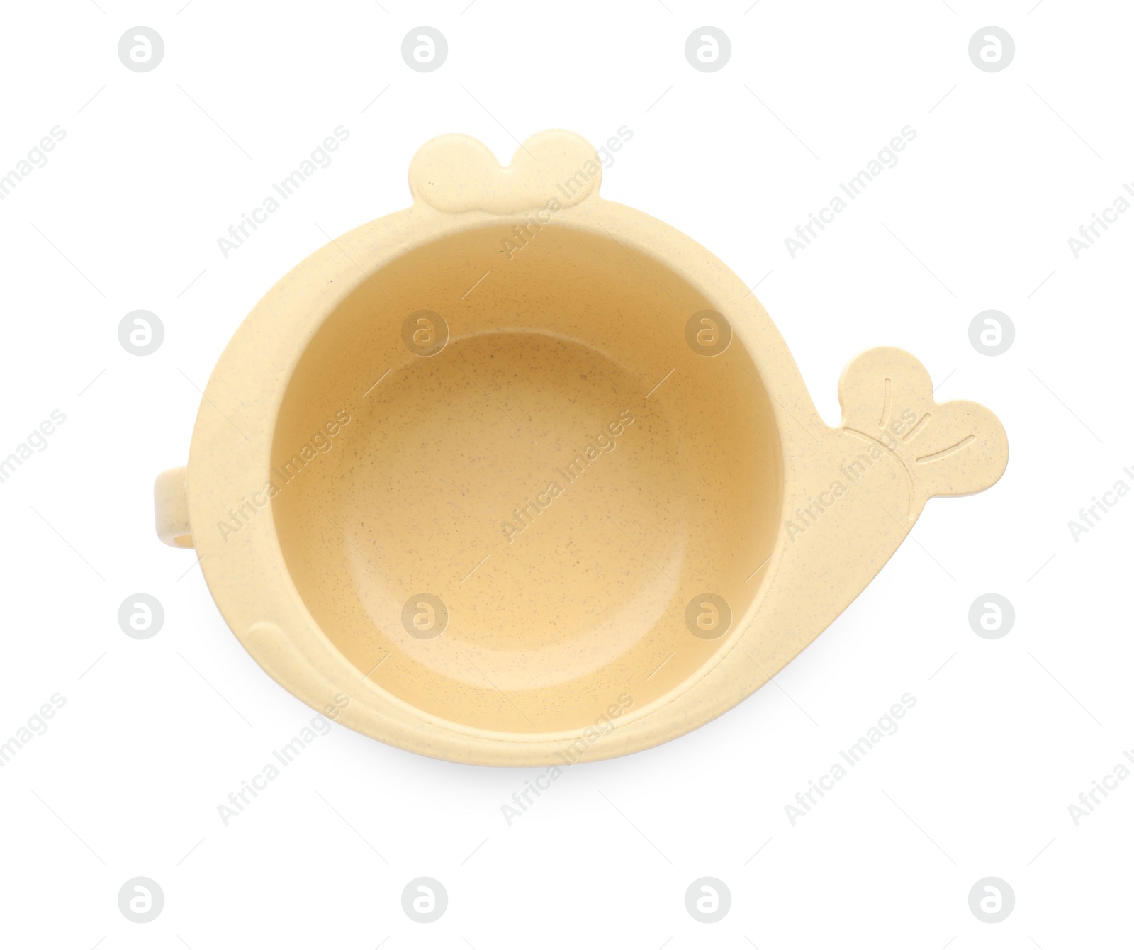 Photo of Cute fish shaped bowl isolated on white, top view. Serving baby food