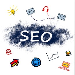 Illustration of Search engine optimization. Abbreviation SEO and drawings on white background, illustration