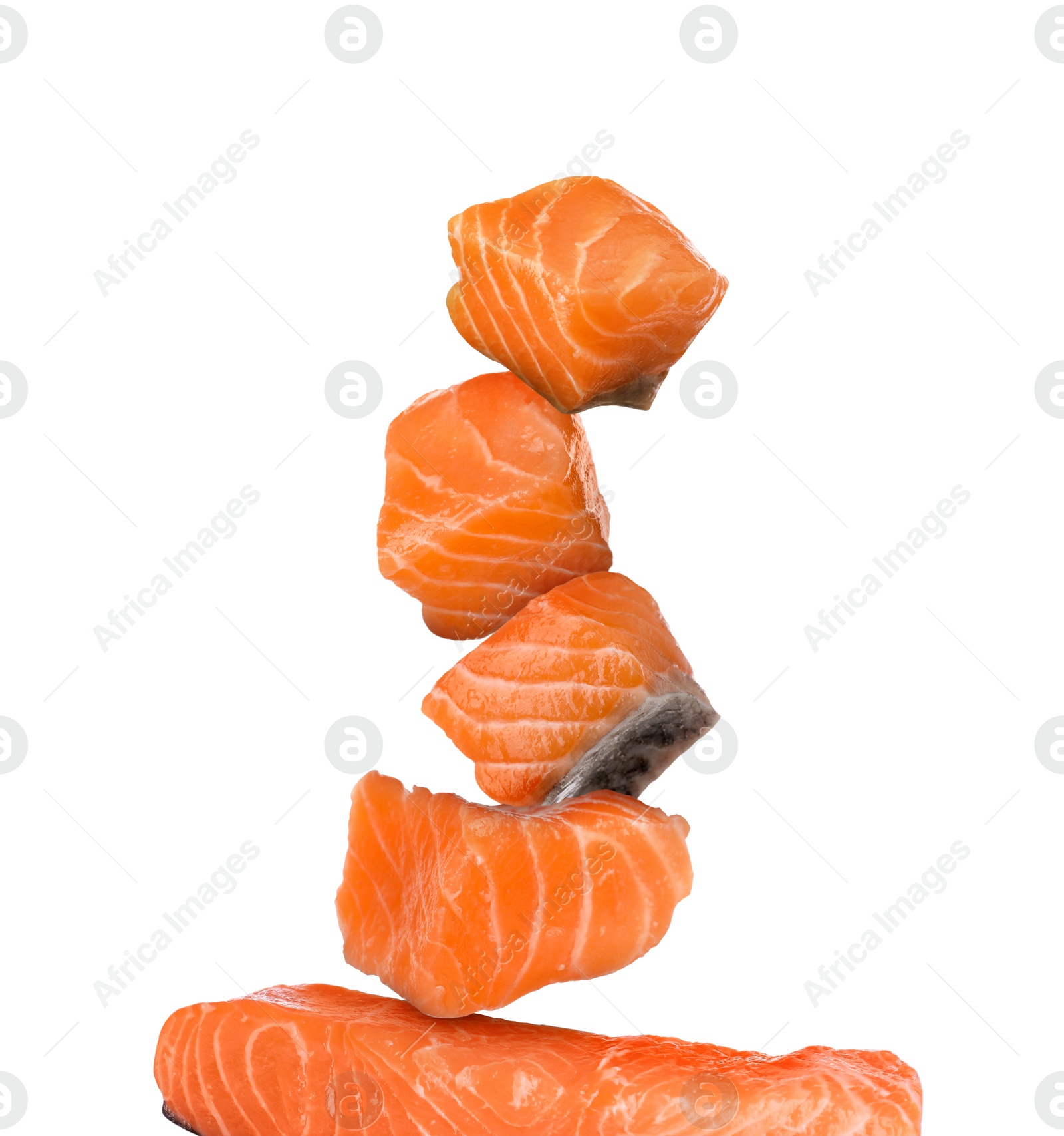 Image of Stack of cut fresh salmon on white background