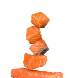 Image of Stack of cut fresh salmon on white background