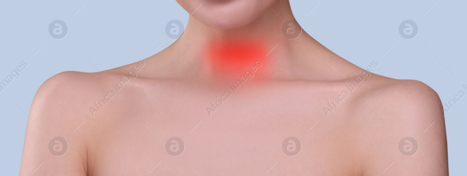 Image of Endocrine system. Woman suffering from pain in thyroid gland on grey background, closeup. Banner design