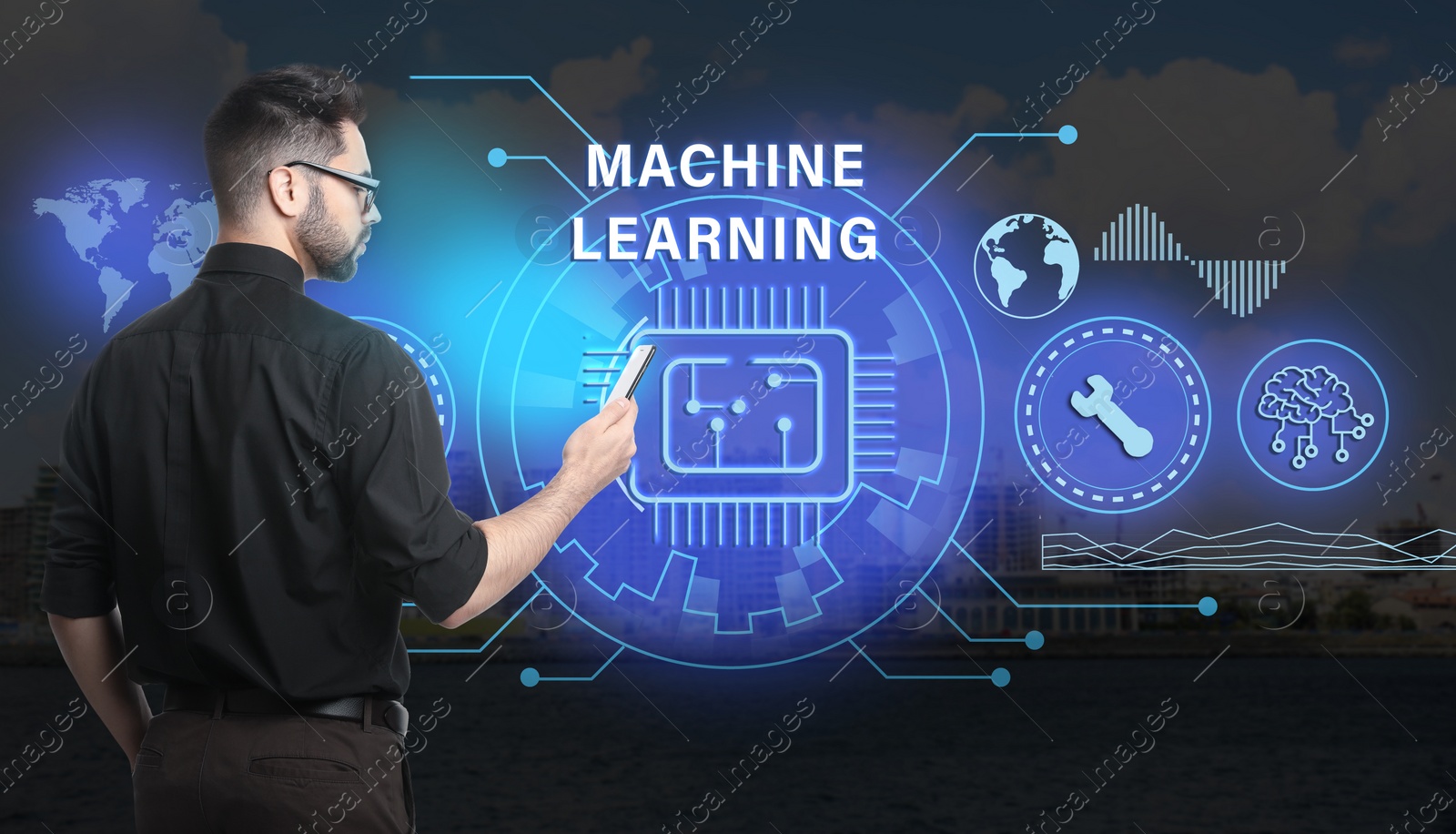 Image of Young man using smartphone with machine learning model and cityscape on background