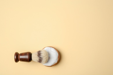 Photo of Flat lay composition with men's shaving accessories and space for text on color background