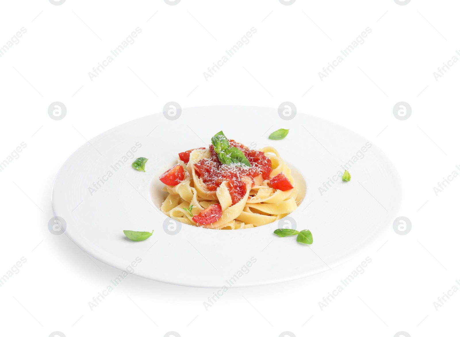 Photo of Tasty pasta with tomatoes, cheese and basil on white background