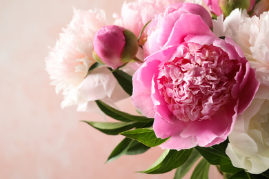 Photo of Beautiful peony bouquet on pink background, closeup