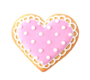 Decorated heart shaped cookie on white background, top view