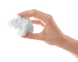 Photo of Woman crumpling paper against white background, closeup. Generating idea