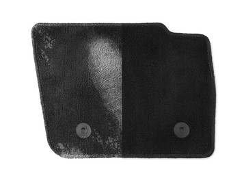 Image of Black car floor mat, part with footprint and another one clean on white background, collage