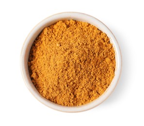 Curry powder in bowl isolated on white, top view