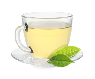 Green tea in glass cup and green leaves isolated on white