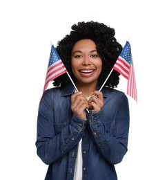 4th of July - Independence Day of USA. Happy woman with American flags on white background