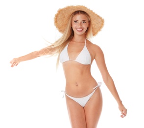 Pretty young woman wearing stylish bikini on white background