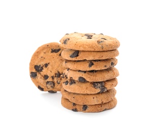 Photo of Stack of tasty chocolate chip cookies on white background