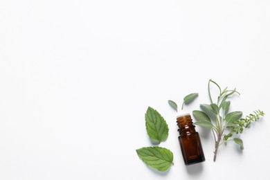 Photo of Bottle of essential oil and different herbs on white background, flat lay. Space for text