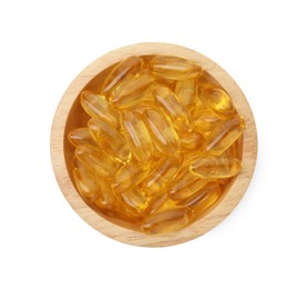 Photo of Vitamin capsules in bowl isolated on white, top view. Health supplement