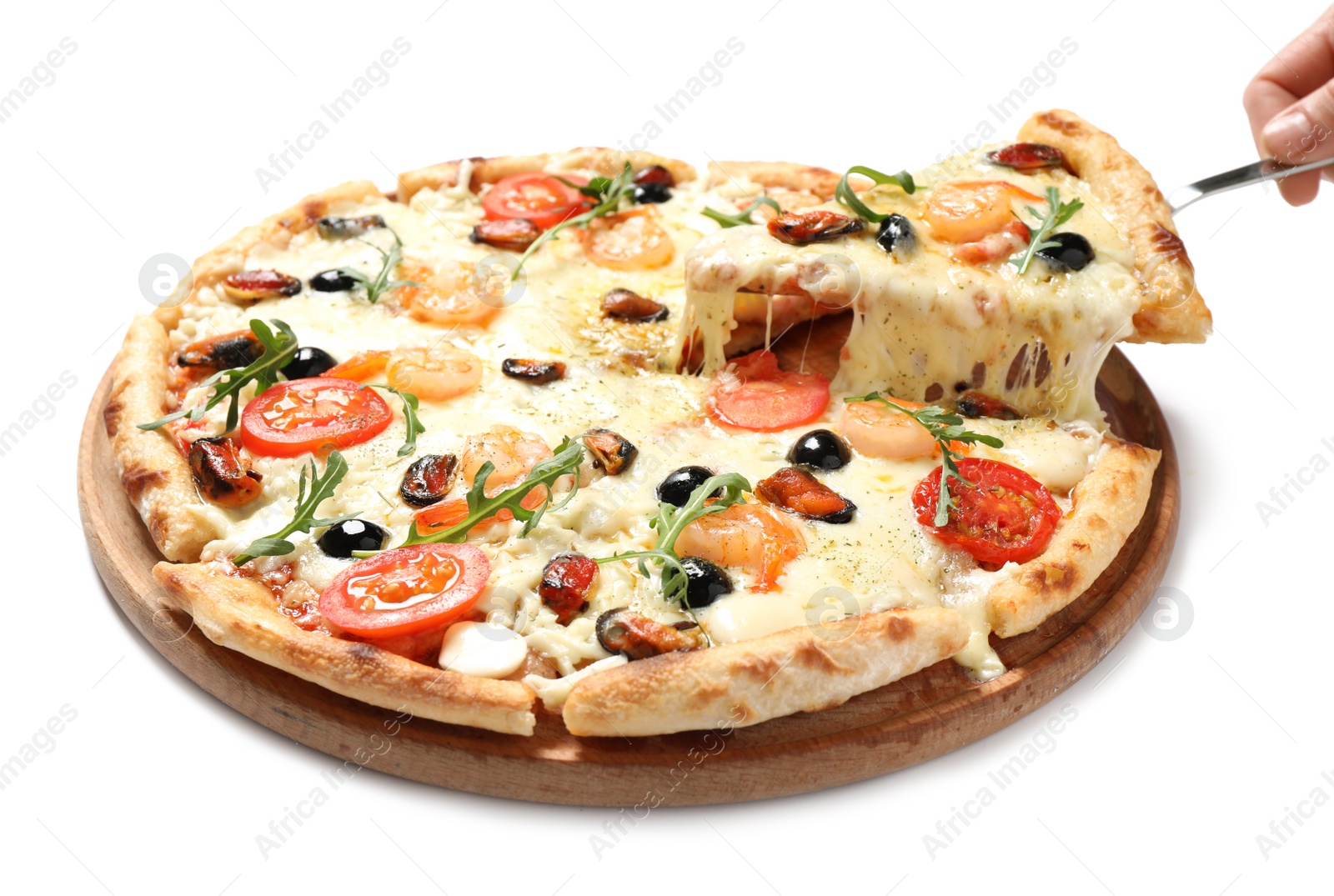 Photo of Woman taking slice of cheese pizza with seafood on white background, closeup