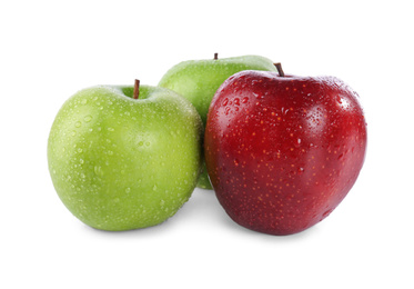 Photo of Fresh juicy green and red apples with water drops isolated on white