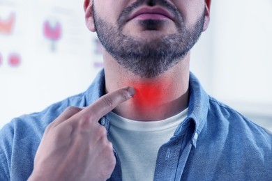 Image of Endocrine system. Man doing thyroid self examination indoors, closeup