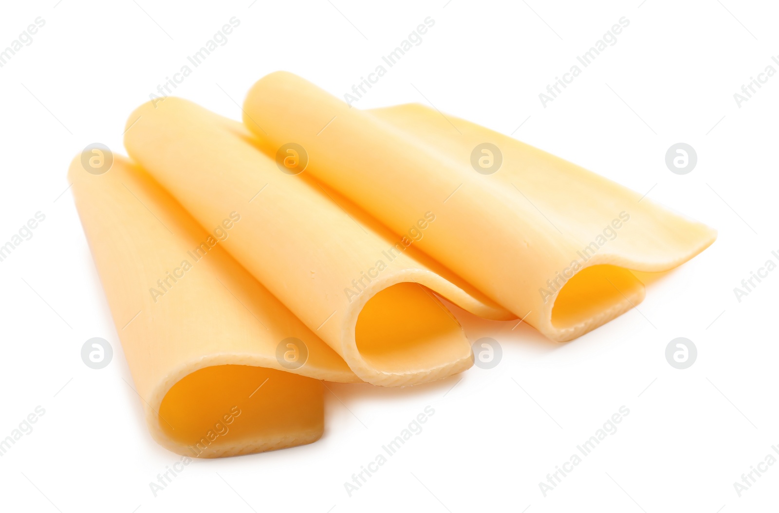 Photo of Slices of tasty cheese on white background