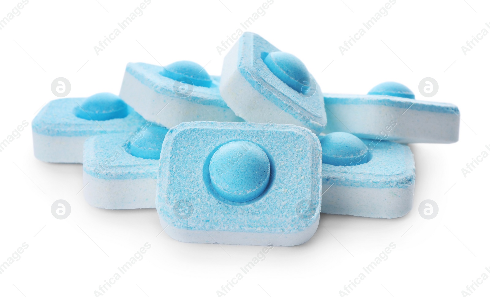 Photo of Pile of water softener tablets isolated on white