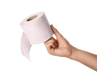 Woman holding roll of toilet paper on white background