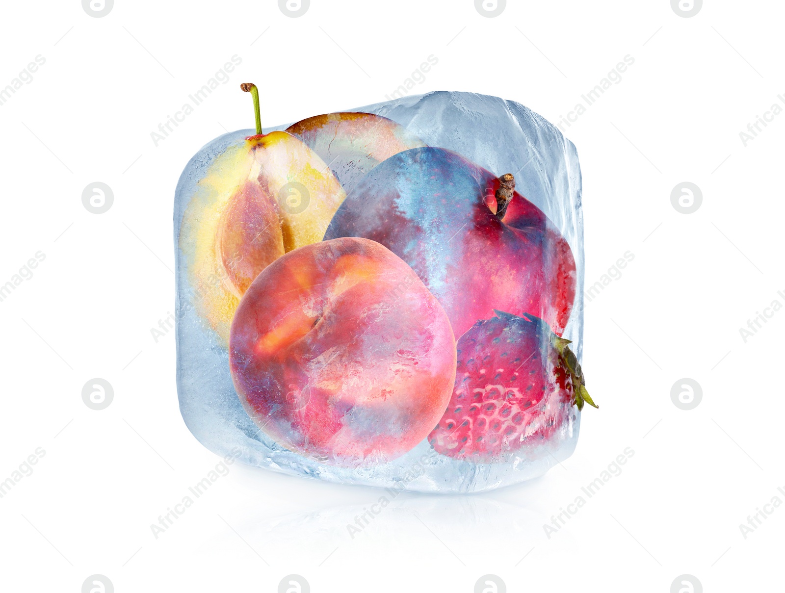 Image of Frozen food. Raw fruits in ice cube isolated on white