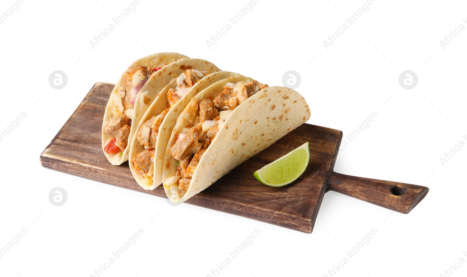 Photo of Delicious tacos with meat and vegetables isolated on white