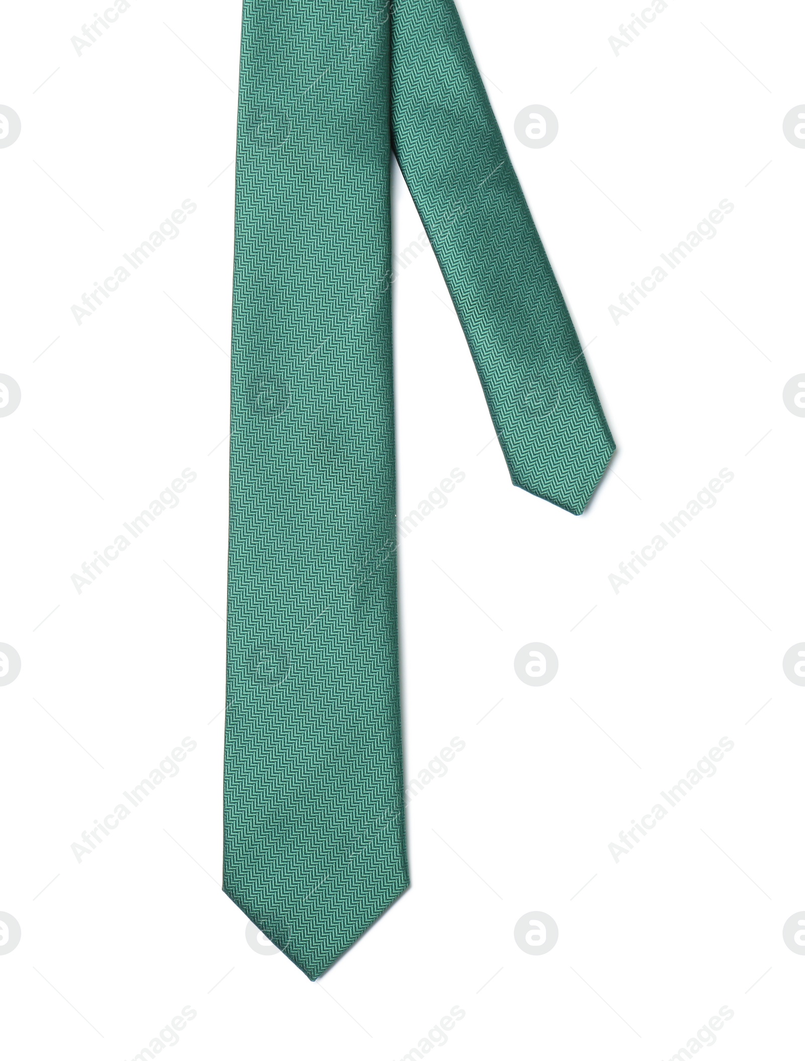 Photo of Green male tie isolated on white, top view