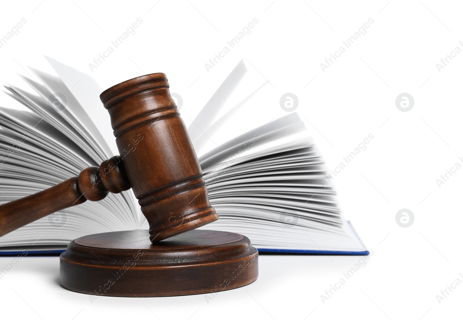 Photo of Wooden gavel and book on white background. Law concept