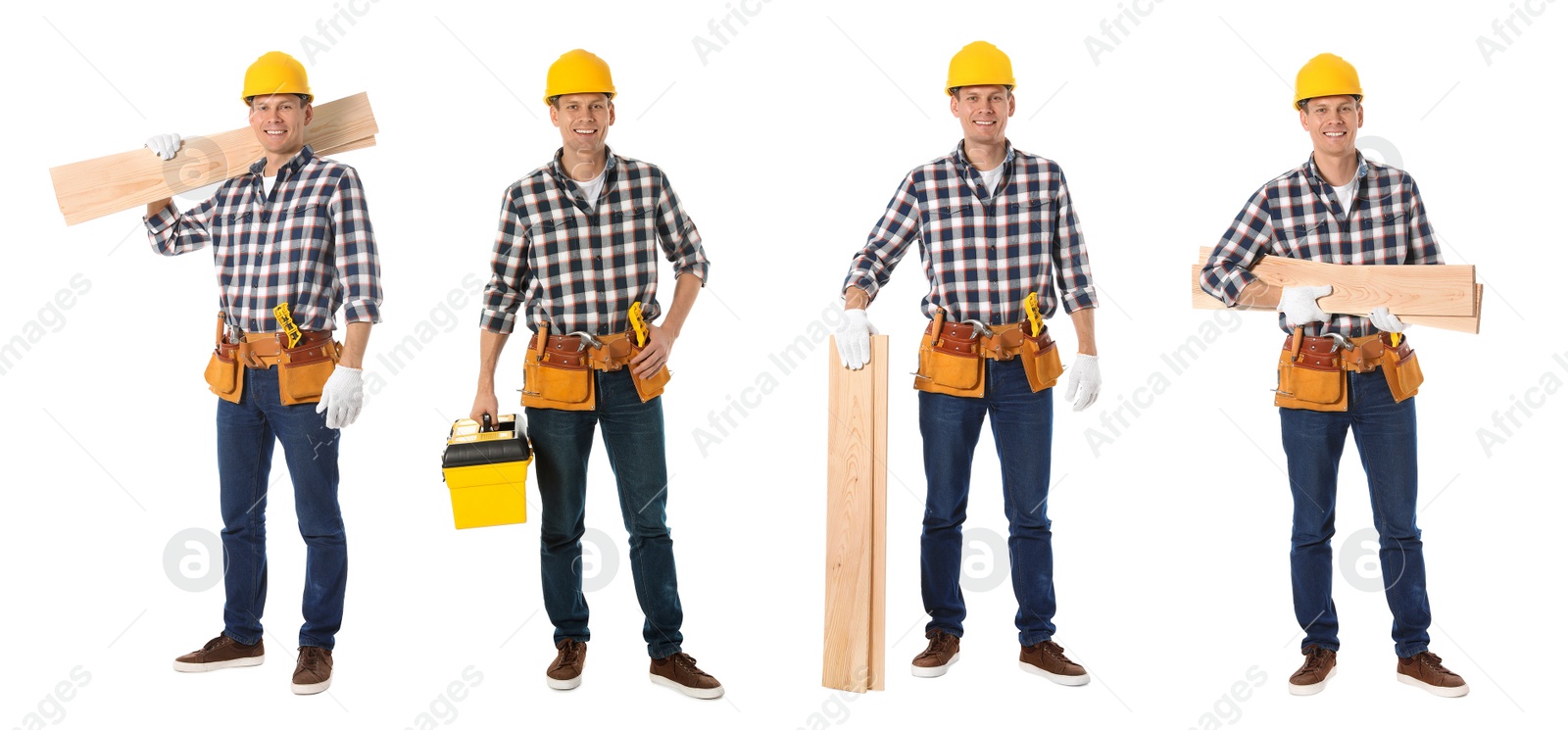 Image of Collage with photos of carpenter with wooden planks on white background. Banner design